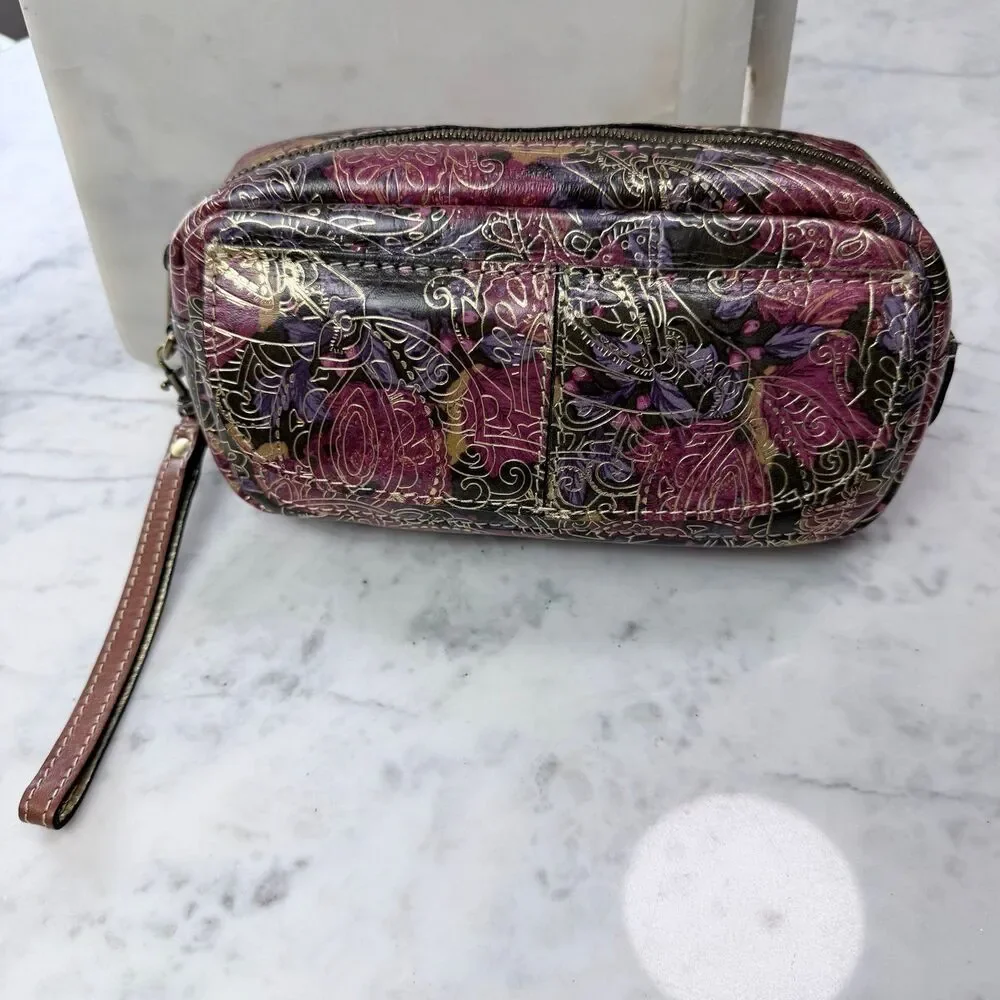 Patricia Nash metallic tooled paisley leather makeup bag or wristlet